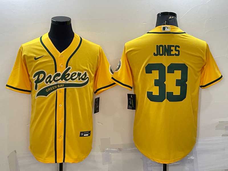 Men%27s Green Bay Packers #33 Aaron Jones Yellow With Patch Cool Base Stitched Baseball Jersey->green bay packers->NFL Jersey